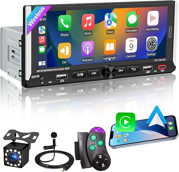 Wireless Apple CarPlay Single DIN Car Radio Stereo 6.86" Android Auto | HD IPS Touchscreen, Bluetooth 5.2, Dual USB & Fast Charging, 12 Light Backup Camera, FM Radio, DSP EQ Audio Subwoofer