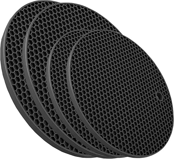 Large Silicone Trivets for Hot Dishes 9 Inch and 7 Inch, Heat Resistant Pot Holders, Non Slip Hot Pads for Kitchen, Hot Pots and Pans, Countertops, Black, 4 Pack