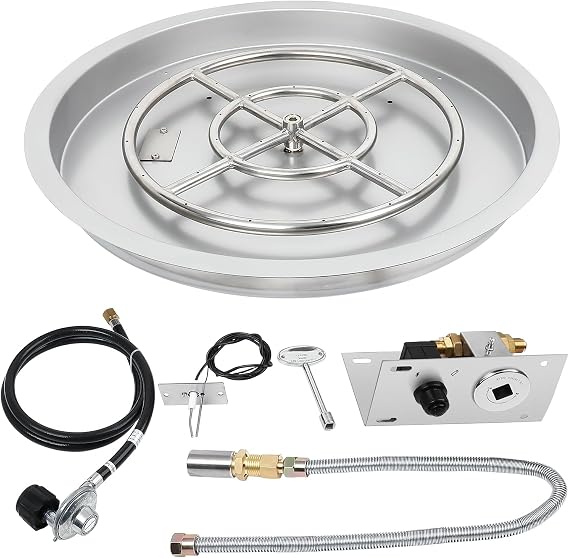 Round Drop-in Fire Pit Pan Kit, 25" Stainless Steel 304 Fire Pit Burner with Spark Ignition and Propane Hose Kit for Indoor Outdoor Fire Pit & Fireplace