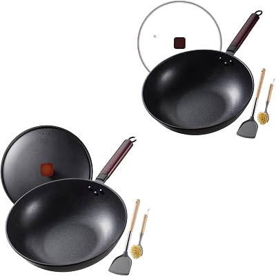 2 PCS Carbon Steel Wok -13 Inch Woks & Stir-fry Pans Nonstick, Wok Pan with Glass Lid Spatula and Dish Brush: Pre-Seasoned Flat Bottom Chinese Wok for Induction, Electric, Gas, All Stoves