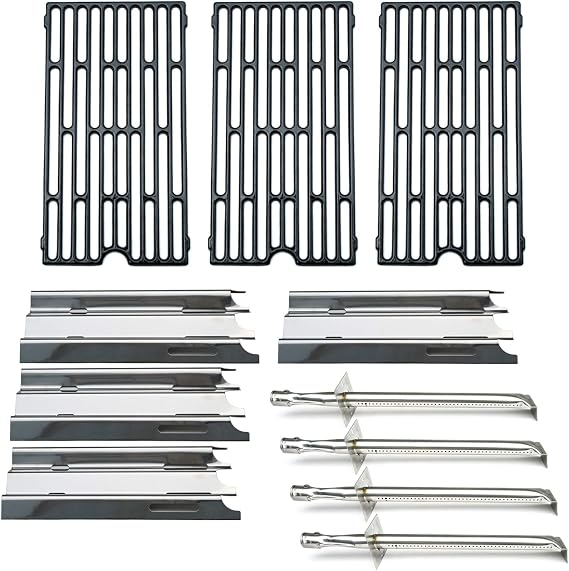 Parts Kit DG207 Replacement for select Vermont Castings grills, 17" Burner 4pcs, 14 1/2" x 7 1/4" Heat Plates 4pcs, set of 3 Cooking Grill Grids, 16 7/16" x 9 1/16" each grid