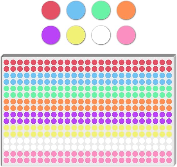 6000 Pack - 1/4" Small Colored Dot Stickers Round Labels, 8 Colors