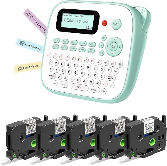 Label Maker Machine with 5PK Clear Tapes Bundle, Label Maker Machine with Tape, D210S Label Maker with QWERTY Keyboard, Handheld Labeler Machine Multiple Symbols for Home Office School Kids Use