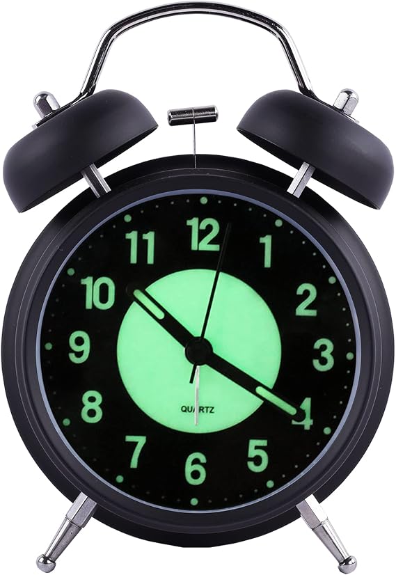 4" Analog Luminous Alarm Clock Twin Bell Silent Non-Ticking Quartz Battery Operated Loud with Backlight for Bedside Table Vintage Retro Style, Decorative Desk Clock
