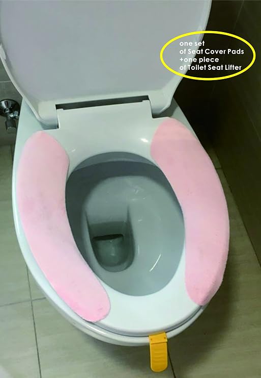 MEYA Bathroom Accessory Sets,One Pair Silicone Sticky Bathroom Warmer Washable Health Toilet Seat Cover Pads Plus One Piece of Folded Toilet Seat Lifter (Pink Pads and Yellow Lifter)