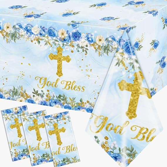 GREHUMOR 3Pcs God Bless Baptism Tablecloth Decorations First Communion Table Cover Christening Party Supplies Disposable Plastic Cross Tablecloths for Boys Girls Celebration Baby Shower
