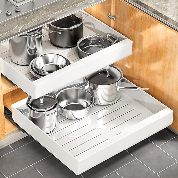 Kitstorack Pull out Cabinet Organizer, Expandable(12"-20") Heavy Duty Slide out Drawers Fixed with Adhesive Nano Film for Pots, Roll out Shelf Storage for Kitchen Base Cabinet Organization(White)