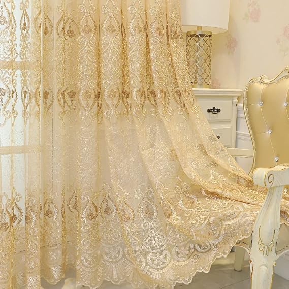 Amidoudou 1 Pair European Jacquard Sheer Curtains Embroidered Tulle Curtains Living Room Bedroom Luxury Translucent Curtains (Gold,51x84 Inch)