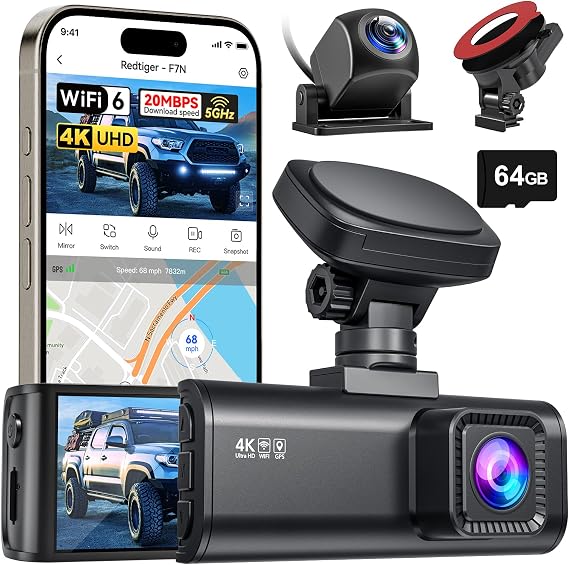 REDTIGER F7N 4K Dual Dash Cam & Suction Mount, 5.8GHz WiFi-20 MB/s Fast Transfer, 64GB Card, Front 4K/2.5K and Rear 1080P Dash Camera