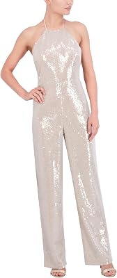 BCBGMAXAZRIA womens Sleeveless Sequin Halter Wide Leg Jumpsuit