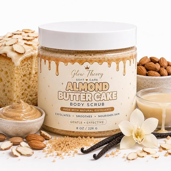 Exfoliating Sugar Body Scrub with Shea Butter, Jojoba Oil & Vitamin E Moisturizing Body Polish for Dry Skin 8 oz (Almond Butter Cake)