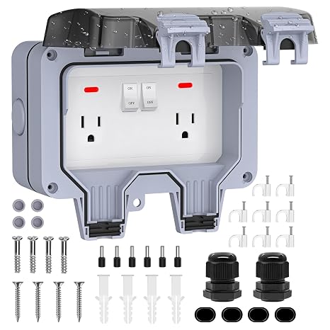 Double Outdoor Outlet with Cover IP66 Waterproof 2-Gang Outdside Plug | Weatherproof, with Switch, Indicator Light, Exterior Wall Electrical Box 2-Gang Power Outlet for Wet Garden Swimming Pool