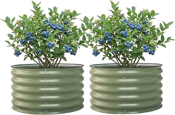 17" Tall Herb Raised Garden Bed for Basil Lavender Sages, 30" Wide Round Fruit Tomato Planter Box for Gardening Blueberries Figs, Flower Metal Pot Container for Rose, Twin Pack, Olive Green