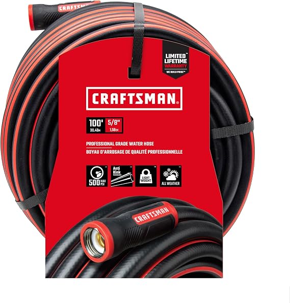 Craftsman Professional Grade Black Garden Hose, 100 Feet x 5/8 Inch | POLYFUSION Technology, Lightweight, Cold-Weather Flexibility, Rubberized Grip, Anodized Aluminum Couplings, Crush-Resistant