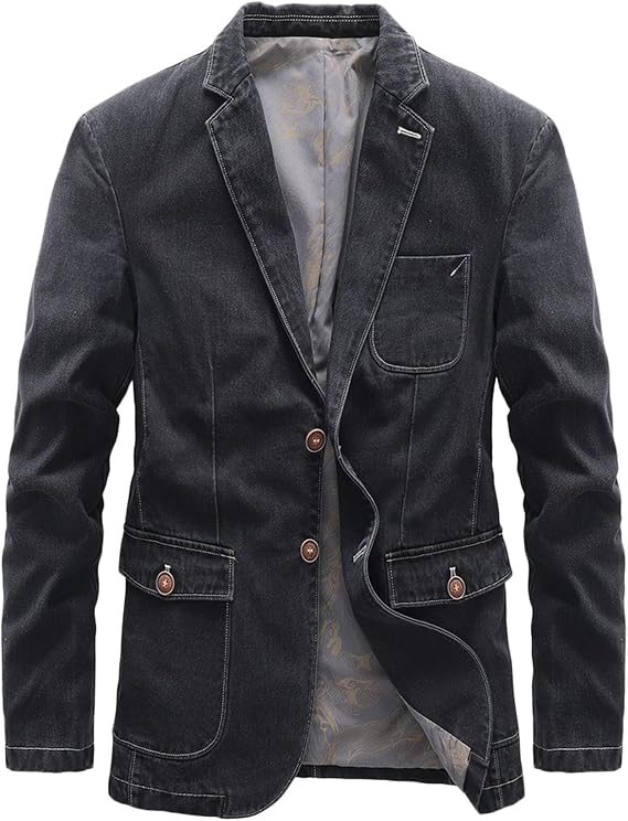 Men's Casual Slim Denim Blazer Two Button Business Suit Jacket Fashion Sport Coat