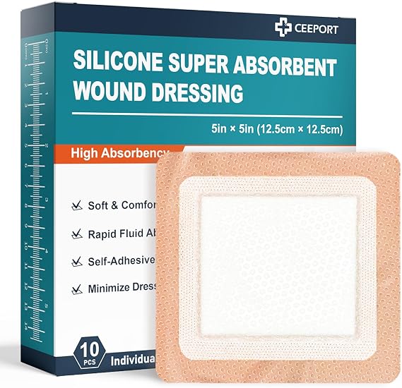 Ceeport Silicone Super Absorbent Wound Dressing 5" x 5", 10 Individual Pack | Self-Adhesive Waterproof Wound Bandage, Large bandages for Wound Care, Burns, Bedsores, Traumas & Surgical Wounds