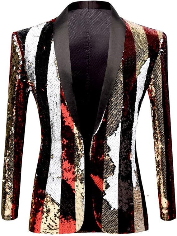 Mens Fashion Double-Side Color Red Gold Black White Plaid Sequins Blazer Suit Jacket
