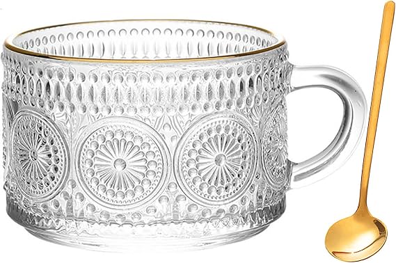 Vintage Glass Coffee Mug, 14 Ounces Clear Embossed Glass Cup with Gold Rim, Breakfast Cups with Gold Spoon, Drinking Glasses with Handle for Latte, Milk, Cereal, Beverages (Sunflower)