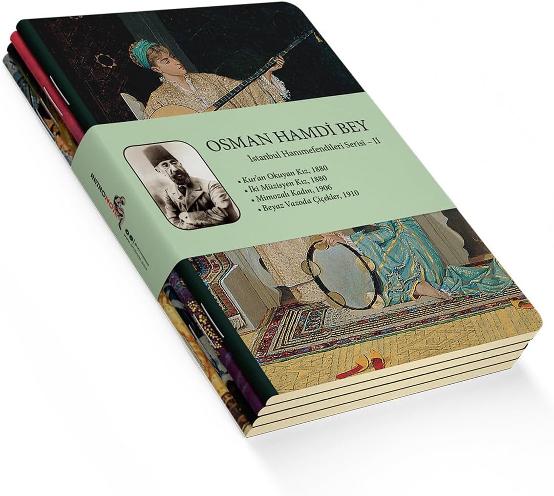 Retronote Istanbul Ladies Series II - A5, Osman Hamdi Bey 4-Piece Notebook Set II, Unlined, Total 256 Pages, Each with 64 Pages, Wire Stitching, Flexible Cover, Canvas Texture, 60 grams, Yellow Cream Color