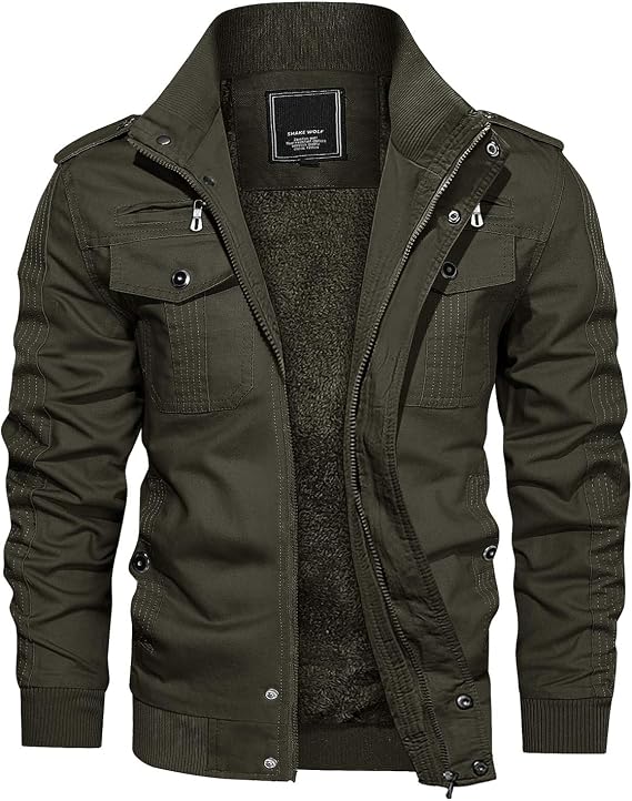CRYSULLY Men's Fleece Cargo Jacket Winter Casual Thicken Multi Pocket Field Outwear Jackets Coat