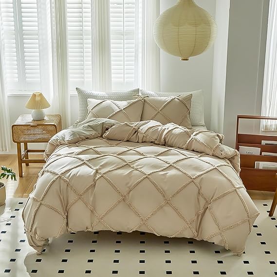 3-Pieces Microfiber Tufted Boho King Size Duvet Cover Set