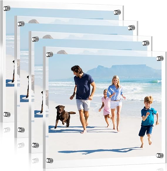 Yalikop 4 Pcs Acrylic Floating Picture Frame 8.5 x 11 Inches Wall Mount Frameless Photo Frames Double Panel Clear for Home Office Photo Display, Full Size 9.6 x 13.2 Inch (Silver)