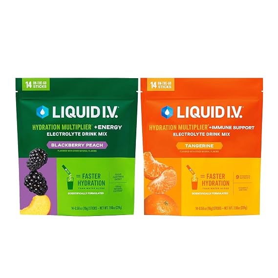 Liquid I.V. Hydration Multiplier - Energy BlackBerry Peach + Immune Support Tangerine - 2 Pack (14 Servings)