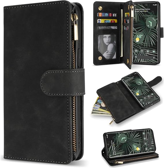 for Google Pixel 7 Case Wallet with RFID Blocking Card Slot Premium Soft PU Leather Zipper Flip Folio Wallet with Wrist Strap Kickstand Protective for Google 7 Wallet Case(Black 6.3 Inch)