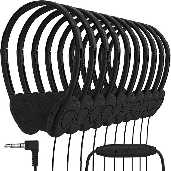 Maeline Bulk On Ear Student Headphones with Microphone for Classroom, School, Library, Airplane, Kids Online Learning and Travel, 3.5 mm Headphone Plug - 10 Pack - Black