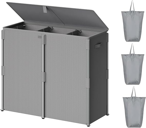 WOWLIVE 180L Laundry Hamper with Lid 3 Section, Metal Frame Clothes Hamper | Large Laundry Basket with Removable Bags, Heavy Duty Laundry Basket Organizer for Laundry Room, Dorm, Grey