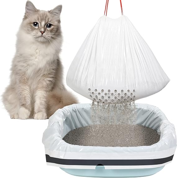 56 Count Sifting Cat Litter Bags Jumbo Thick Cat Litter Box Liners with Holes Disposable Extra Large Feline Pan Liners with Drawstring Scratch Resistant Quick Clean for Kitty Litter Box,36 x 18 Inch