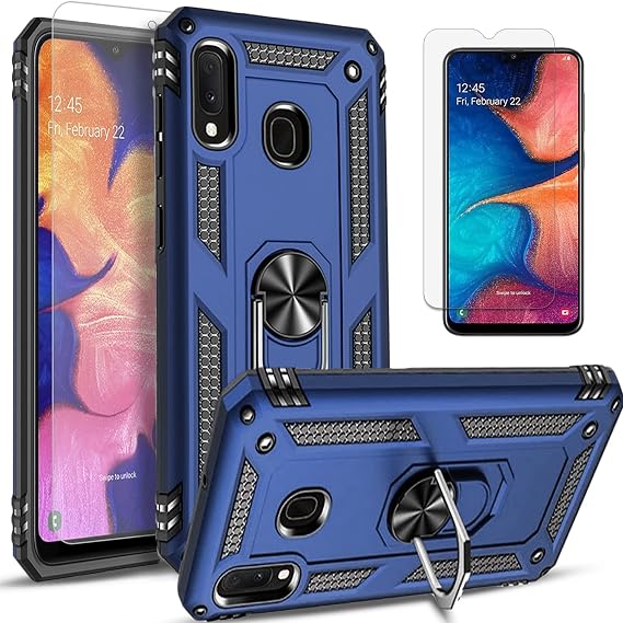 STARSHOP Compatible with Samsung Galaxy A20 Phone Case, with [Tempered Glass Screen Protector Included], Military Grade Shockproof Protective Dual Layer Cover with Kickstand - Navy