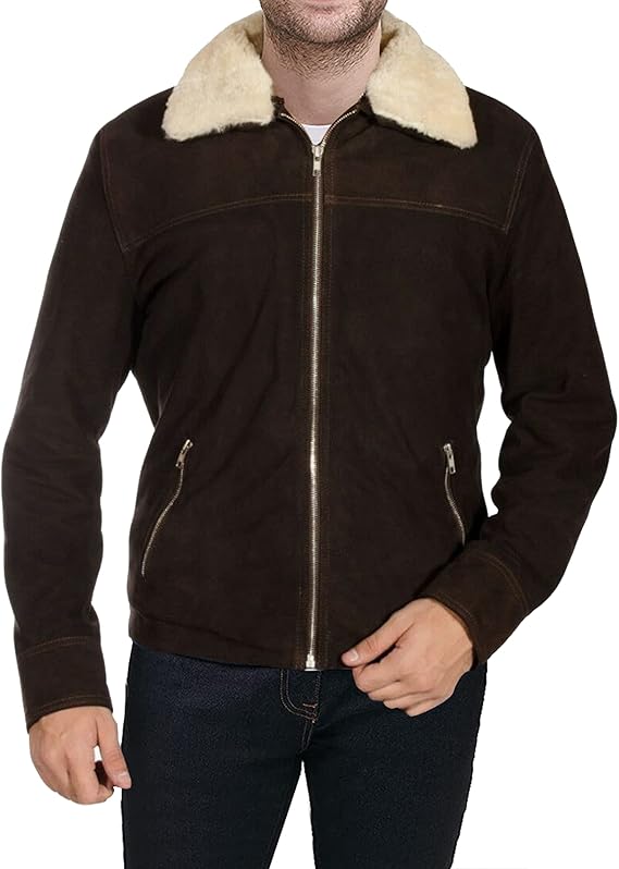 Men's Brown Suede Leather Fur Shearling Collar Jacket - Black Leather Motorcycle Jacket Men - Brown Corduroy Coat