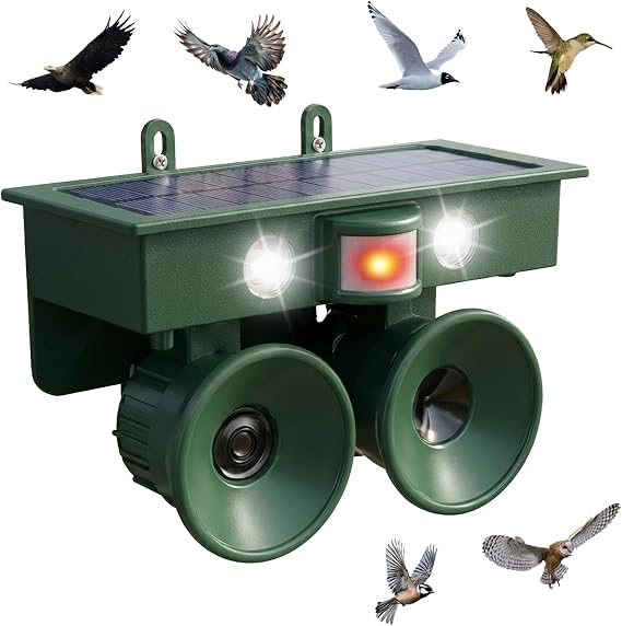 Solar Bird Repeller Outdoor, Woodpecker Deterrent Device for Patio | Ultrasonic Pigeon Waterproof Repellent with Motion Sensor & Flashing Light for Garden&Patio