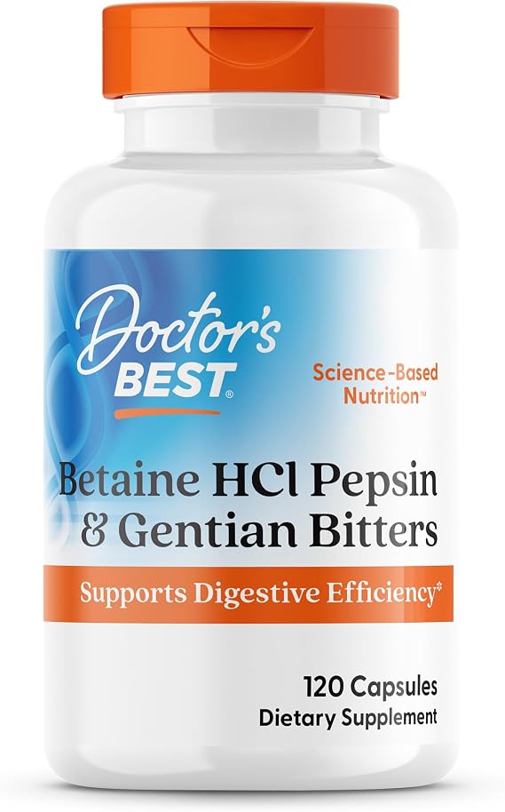 Doctor's Best Betaine HCl Pepsin & Gentian Bitters Supplement - Supports Digestive Enzyme Production for Men & Women, HCl Betaine with Pepsin Caps, Protein Digestion & Gut Health Support- 120 Capsules