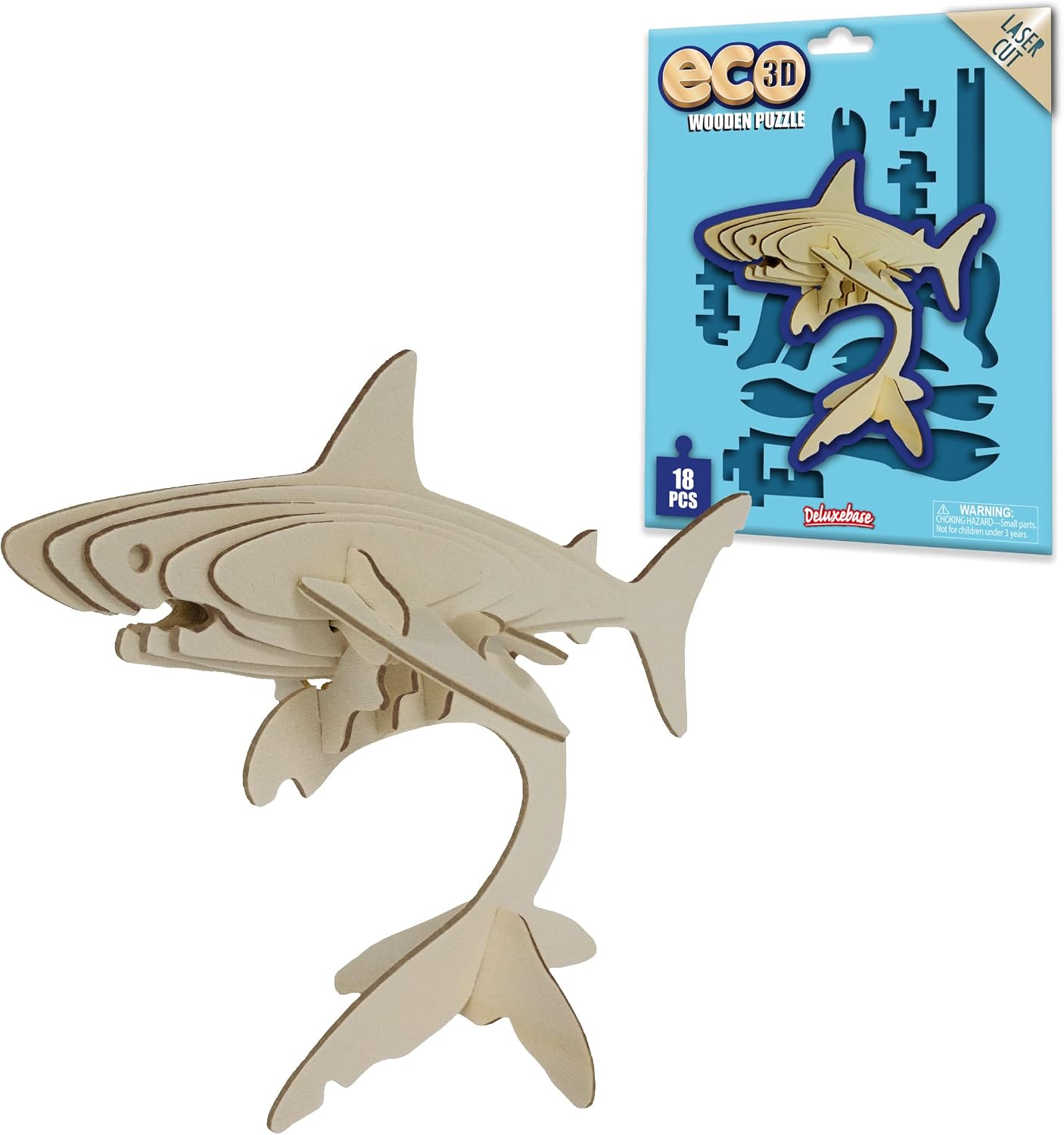 Eco 3D Wooden Puzzle - Shark from Deluxebase. Sustainable Wood Animal Puzzle Craft Set. Model Building Kit for Educational Toys and Kids Party Favors