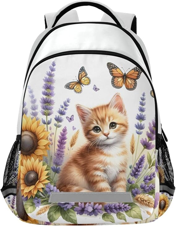 Cat Backpack for Students Boys Girls Ginger Kitten Lavender Flowers School Bag Travel Daypack Rucksack