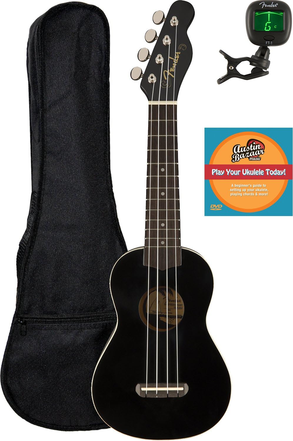 Fender Venice Soprano Ukulele - Black Bundle with Gig Bag, Tuner, and Austin Bazaar Instructional DVD