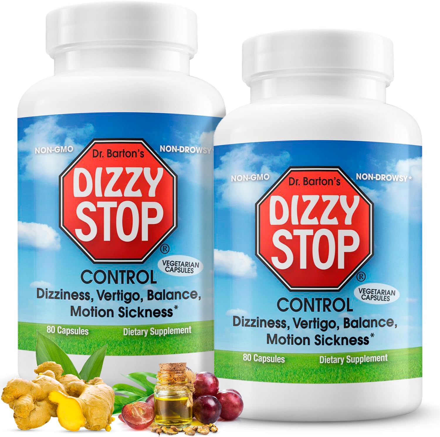 Dizzy Stop Dr. Barton's Vertigo Relief Products with Ginger and Grape Seed - Non-Drowsy Motion Sickness Pills for Dizziness Relief and Inner Ear Balance - 80 Count