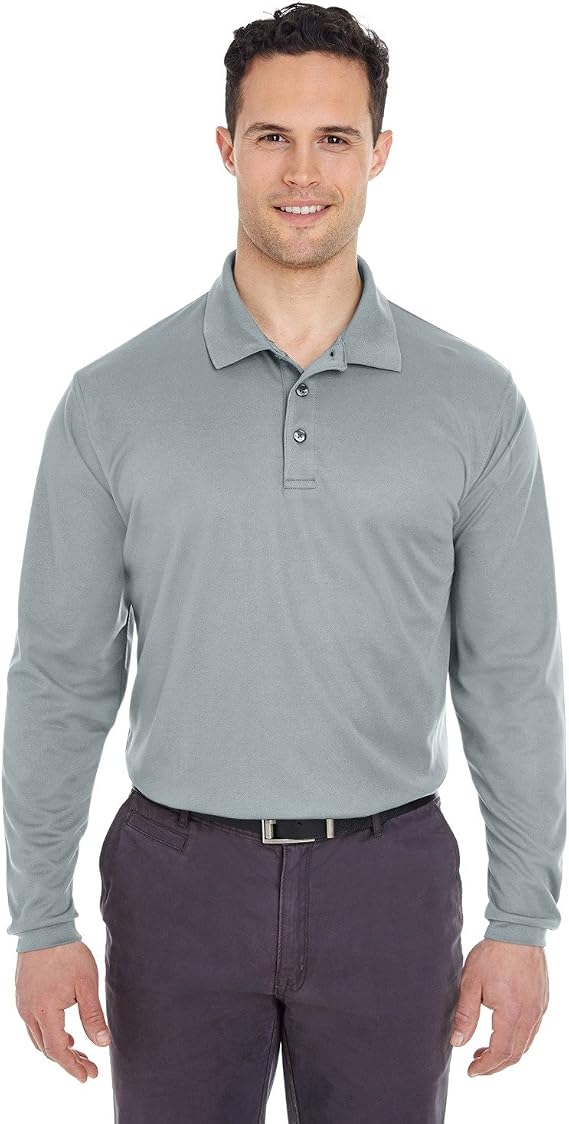 UltraClub Adult Cool & Dry Long-Sleeve Mesh Pique Polo L SILVER