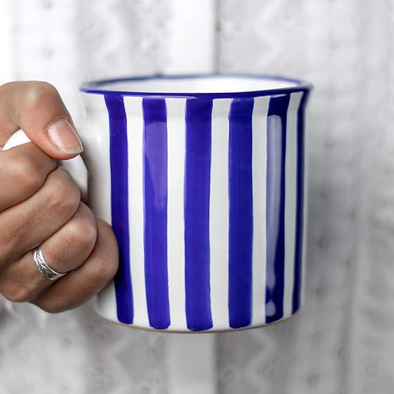 City to Cottage Handmade Dark Navy Blue Stripe Ceramic Extra Large 17.5oz/500ml | Hot Chocolate, Coffee, Tea Mug, Cup with Handle Unique Designer Pottery for Tea Lovers