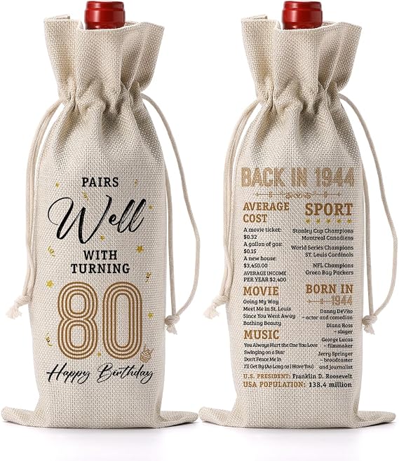 80th Birthday Gifts for Women Men, 80th Birthday Decorations, 80 Year Old Birthday Gifts, Happy 80th Birthday Party Wine Gift Bag, Vintage Wine Bag for Anniversary Pairs Well with Turning 80 Eighty