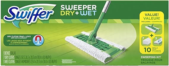 Swiffer Sweeper Cleaner Dry and Wet Mop Starter Kit with Refills, Hardwood Floor Cleaning, Includes: 1 Mop, 7 Dry Refill Cloths, 3 Wet Pads