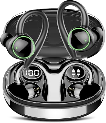 Wireless Earbuds, Bluetooth 5.3 Headphones Sport, Over Ear Buds With ENC Noise Cancelling Mic, 48H, Wireless Earphone With Earhooks, Stereo Deep Bass, IP7 Waterproof Headset for Workout Running, Black