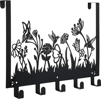 Geelin Metal Hummingbird Flower Over The Door Hooks Wildflowers Over The Door Nature Wall Decor with 5 Hooks Towel Holder for Bathroom Bedroom Kitchen Living Room Home Decor Gift