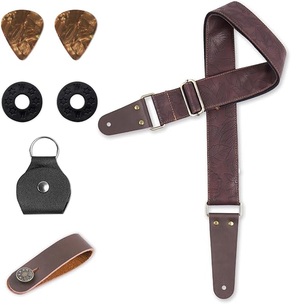 Adjustable Guitar Strap Includes 2 Strap Locks & 2 Matching Picks & 1 Picks Holder & 1 leather Strap Button.