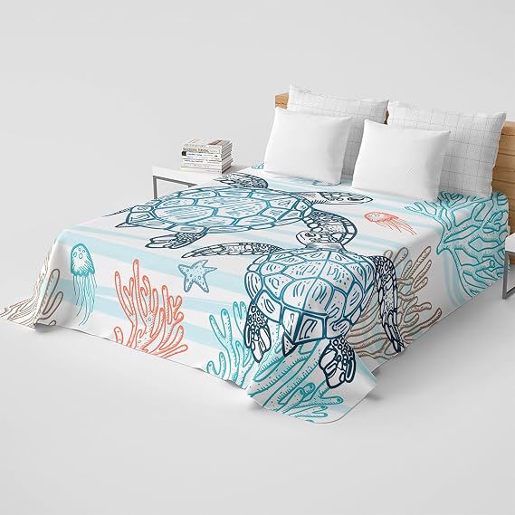 HOSIMA Coastal Beach Themed Bed Sheet Twin Size,Sea Turtle Flat Sheet for Kids Teen Girls Boys Room Decor.(Only Sheet)