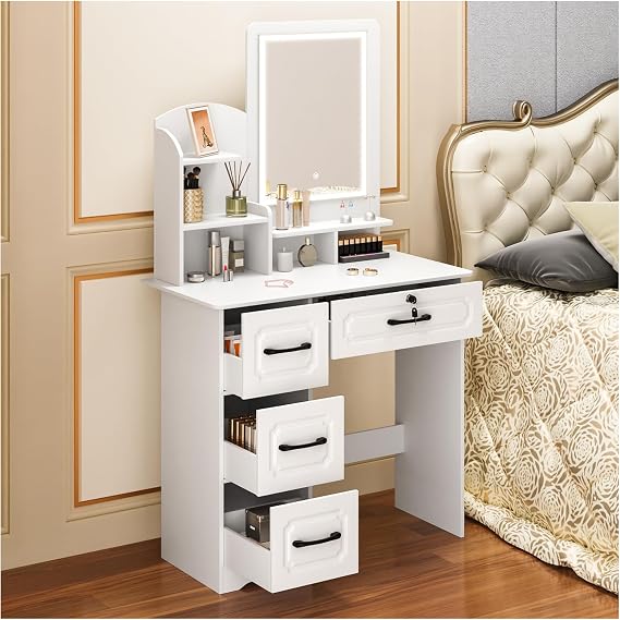 Anvazise Vanity Desk with Mirror & Lights, Makeup Table with Drawers and Open Shelves, 3-Color Dimmable Mirror,Dressing Table Set with Chair