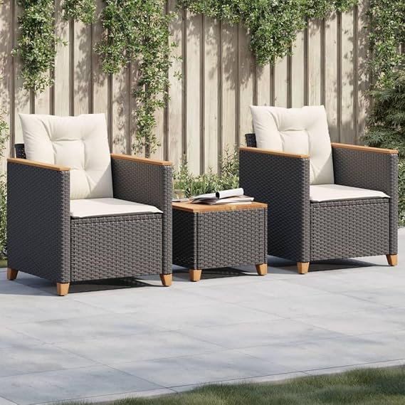 3 Piece Garden Bistro Charis and Table Set with Cushions, Outdoor Patio Furniture Set for Garden, Balcony, Backyard, Black Poly Rattan Acacia Wood,-554