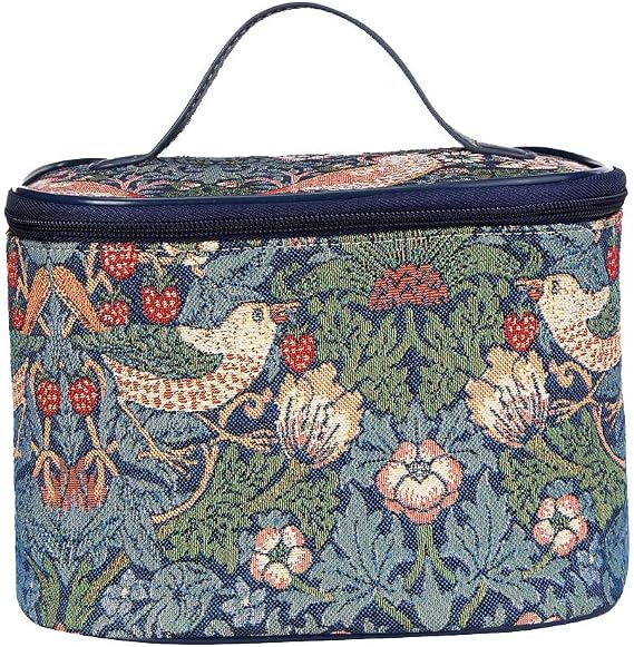 Signare Tapestry Toiletry Bag Makeup Organizer Bag for Women in William Morris Strawberry Thief Blue Design (TOIL-STBL)